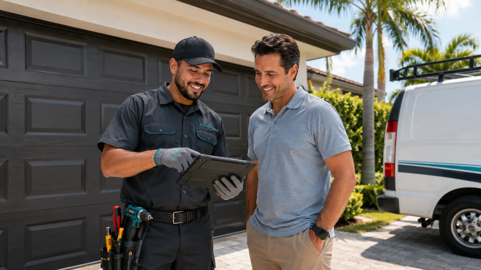 Technician explaining garage door service options to a homeowner in Miami