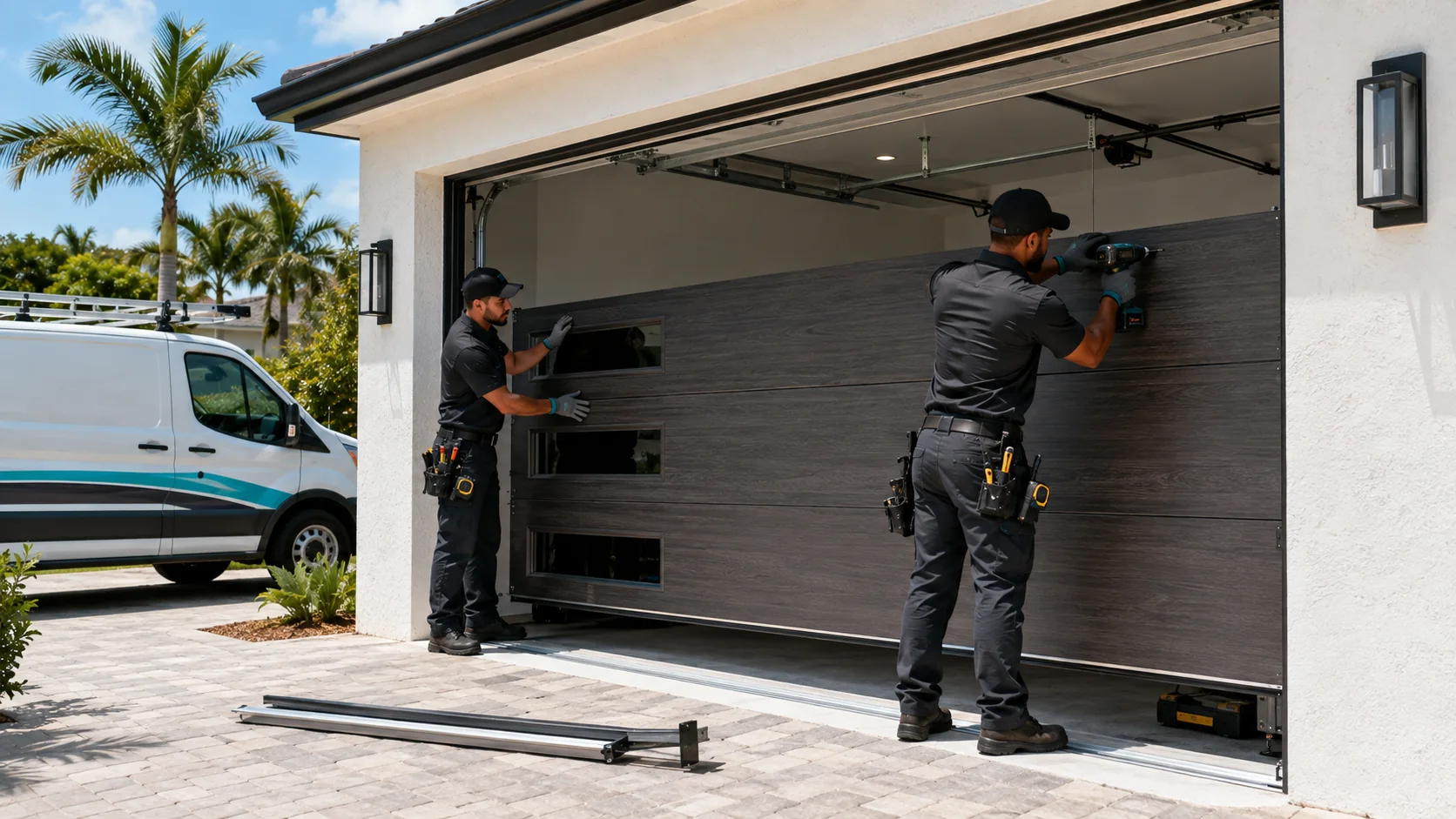 Technicians installing a new garage door in Miami