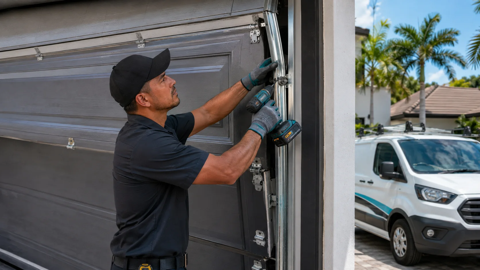 Technician repairing a garage door opener in Miami