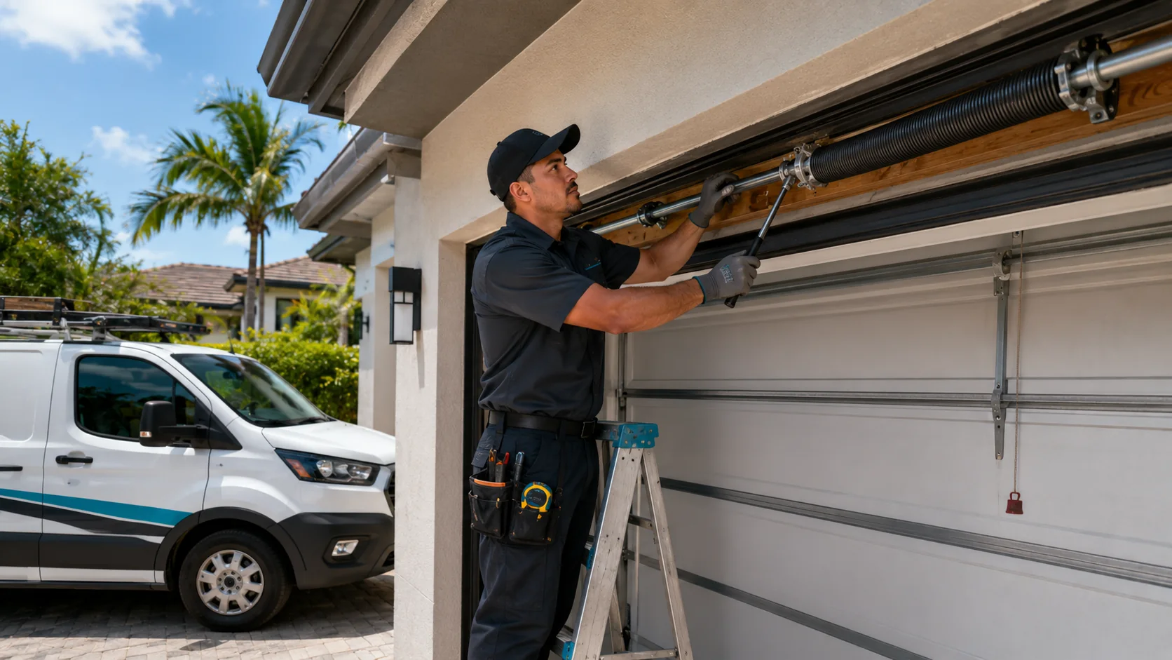 Technician repairing a residential garage door in Miami