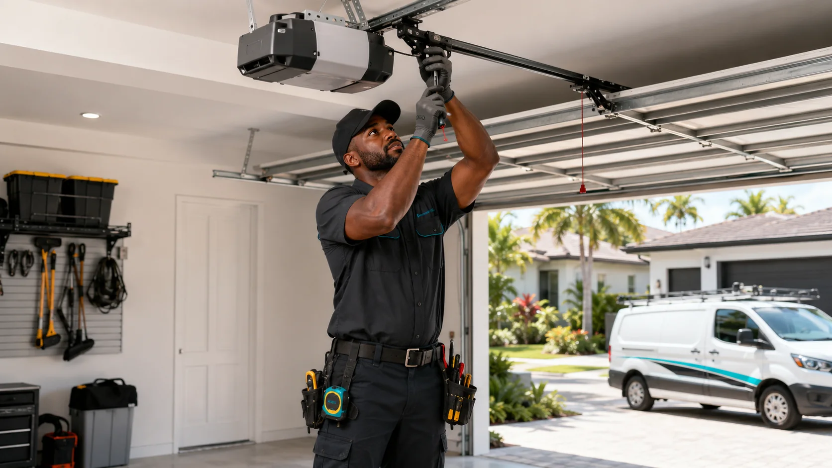 Technician repairing garage door rollers and track in Miami