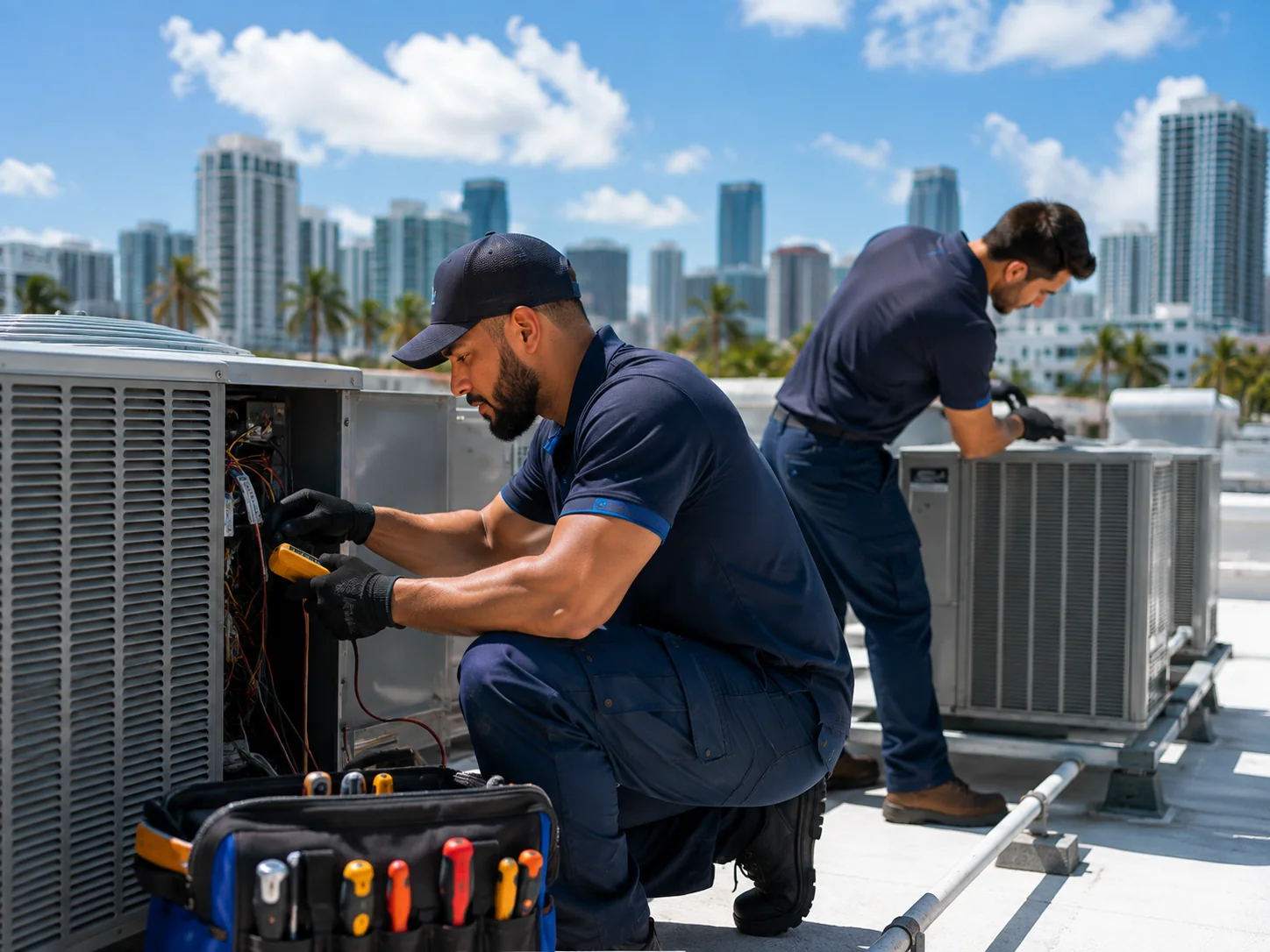 Commercial rooftop HVAC unit serviced in Miami