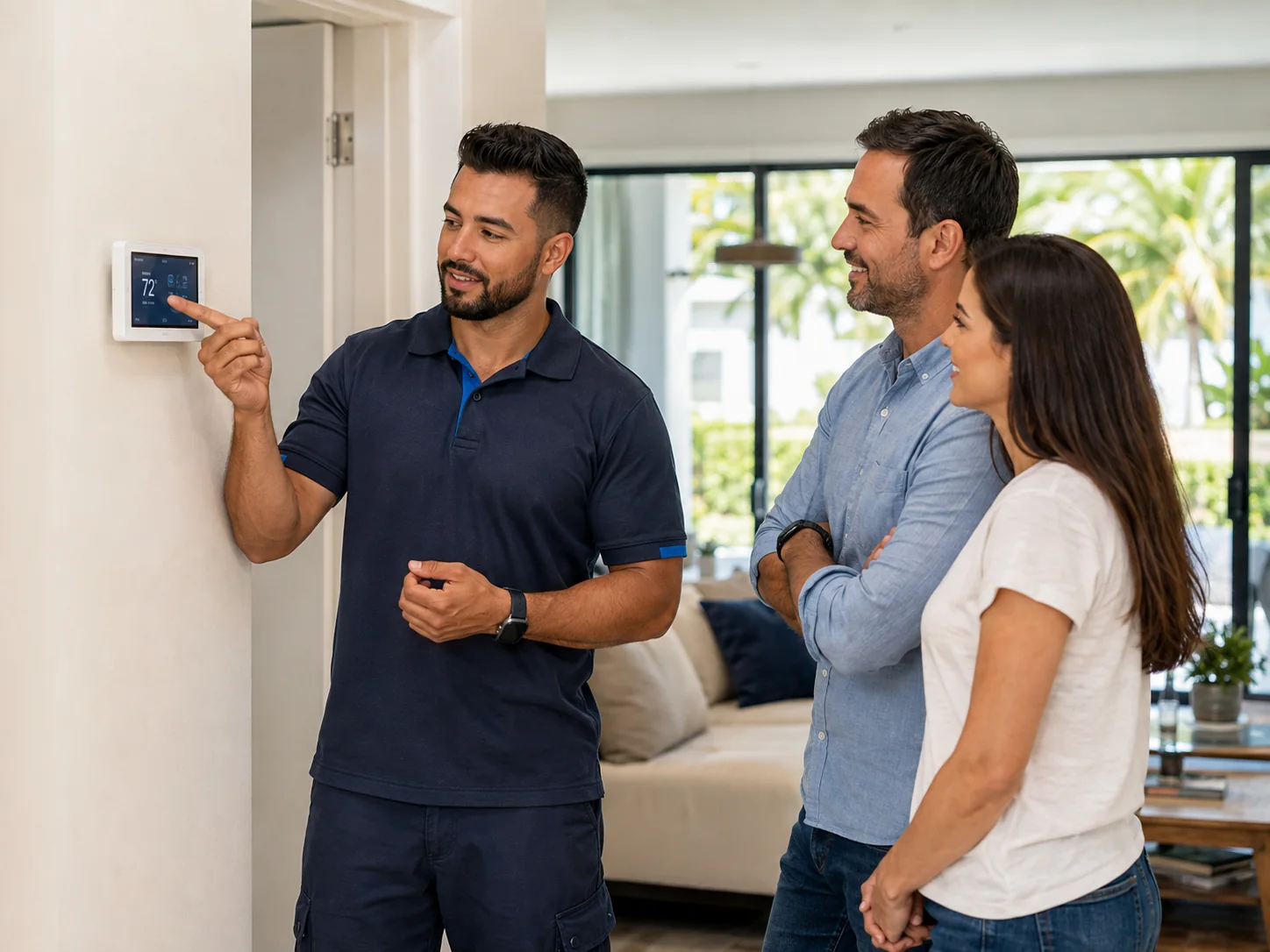 HVAC technician explaining service options to a homeowner in Miami