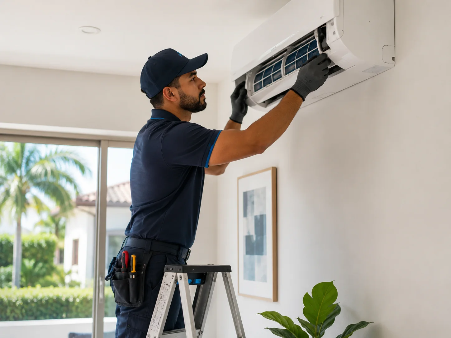 Technician servicing a ductless mini-split unit in Miami