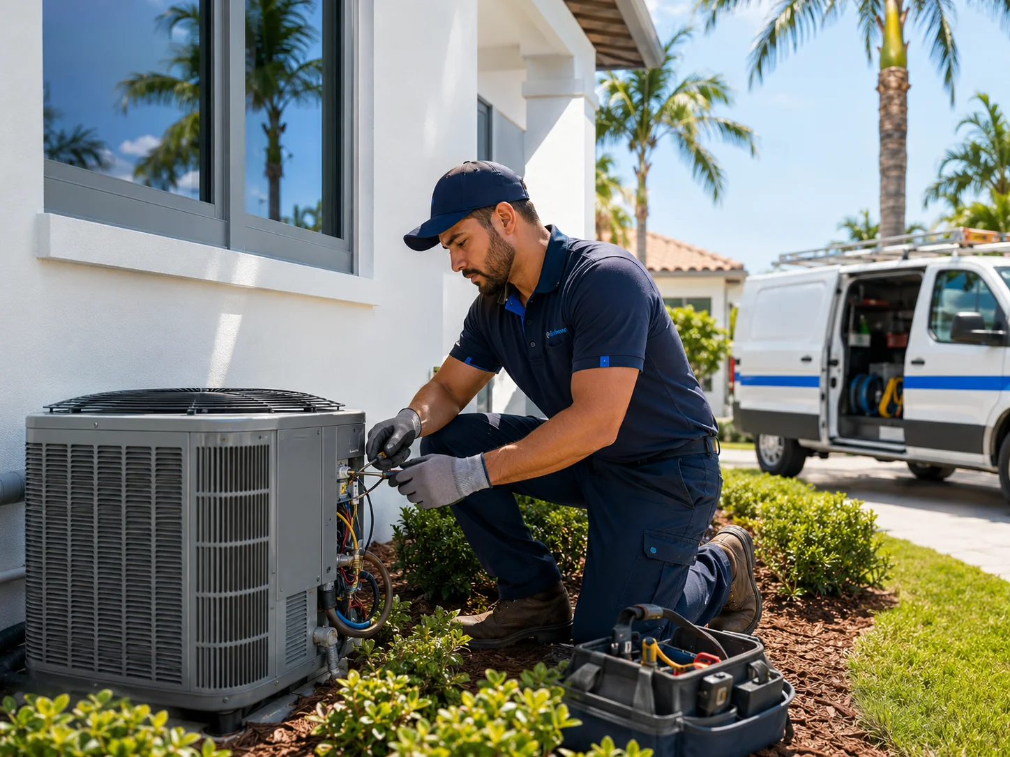 HVAC technician servicing a residential outdoor AC unit in Miami