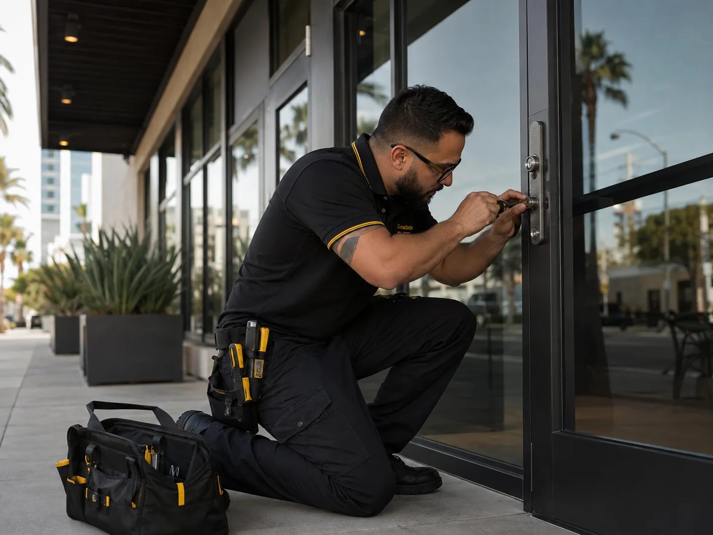Commercial locksmith servicing a business entrance door in Miami