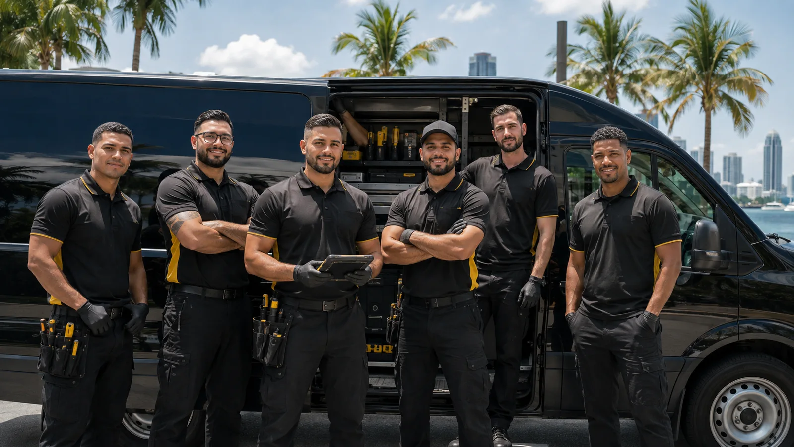 Automotive locksmith programming a car key beside a vehicle in Miami