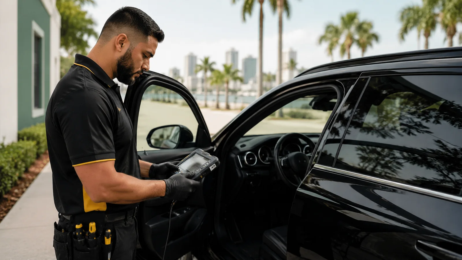 Automotive locksmith working beside a vehicle in Miami