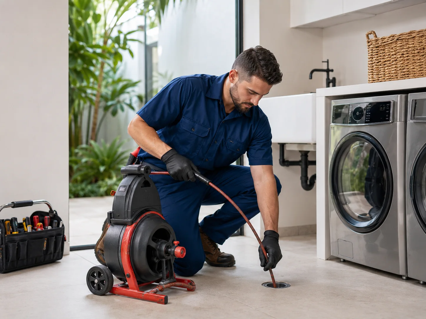 Plumber clearing a clogged drain at a Miami property