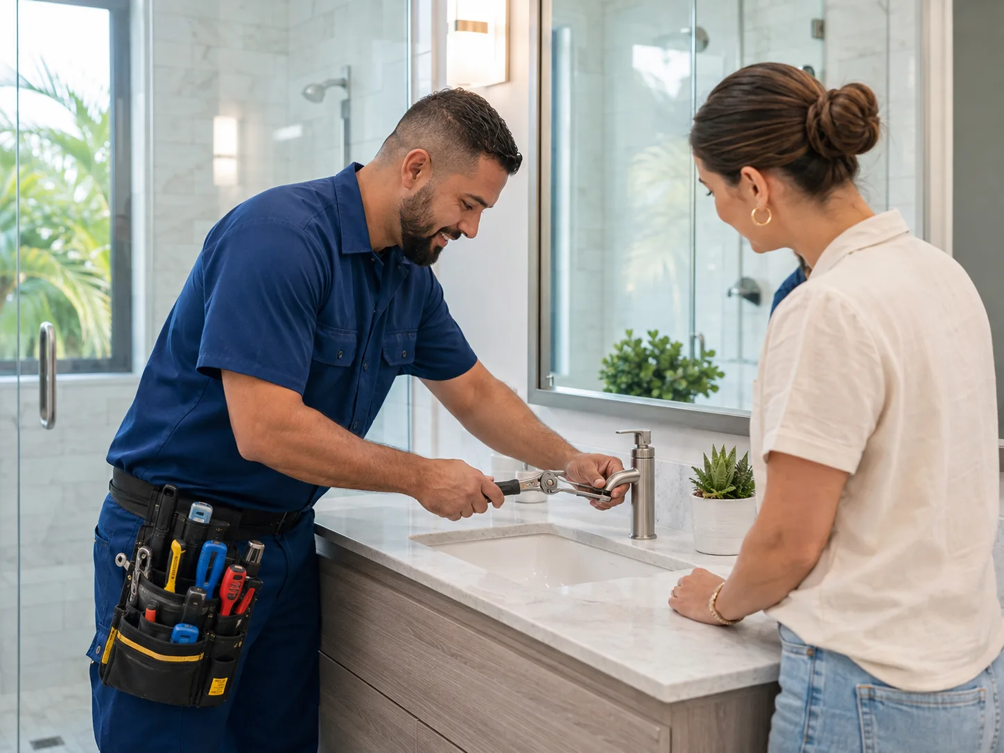 Plumber repairing a faucet fixture in Miami