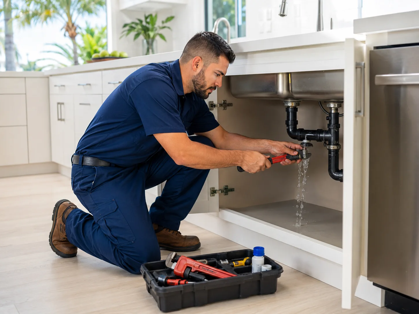 Plumber repairing pipes under a kitchen sink with a homeowner in Miami