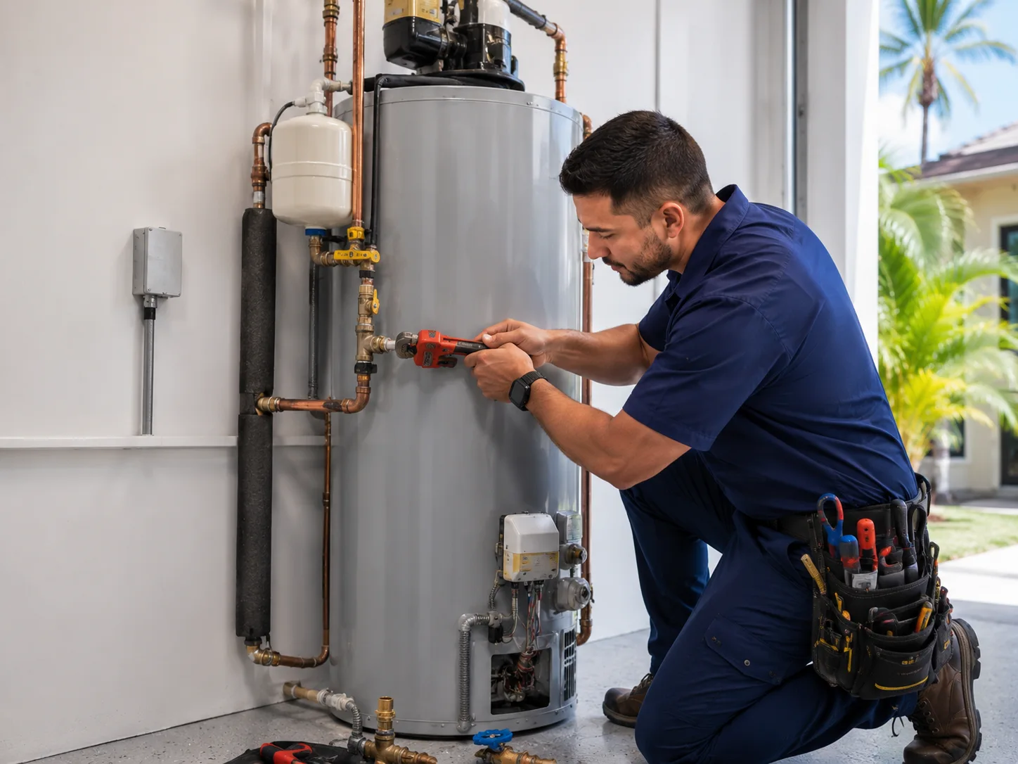Plumber servicing a water heater at a Miami home